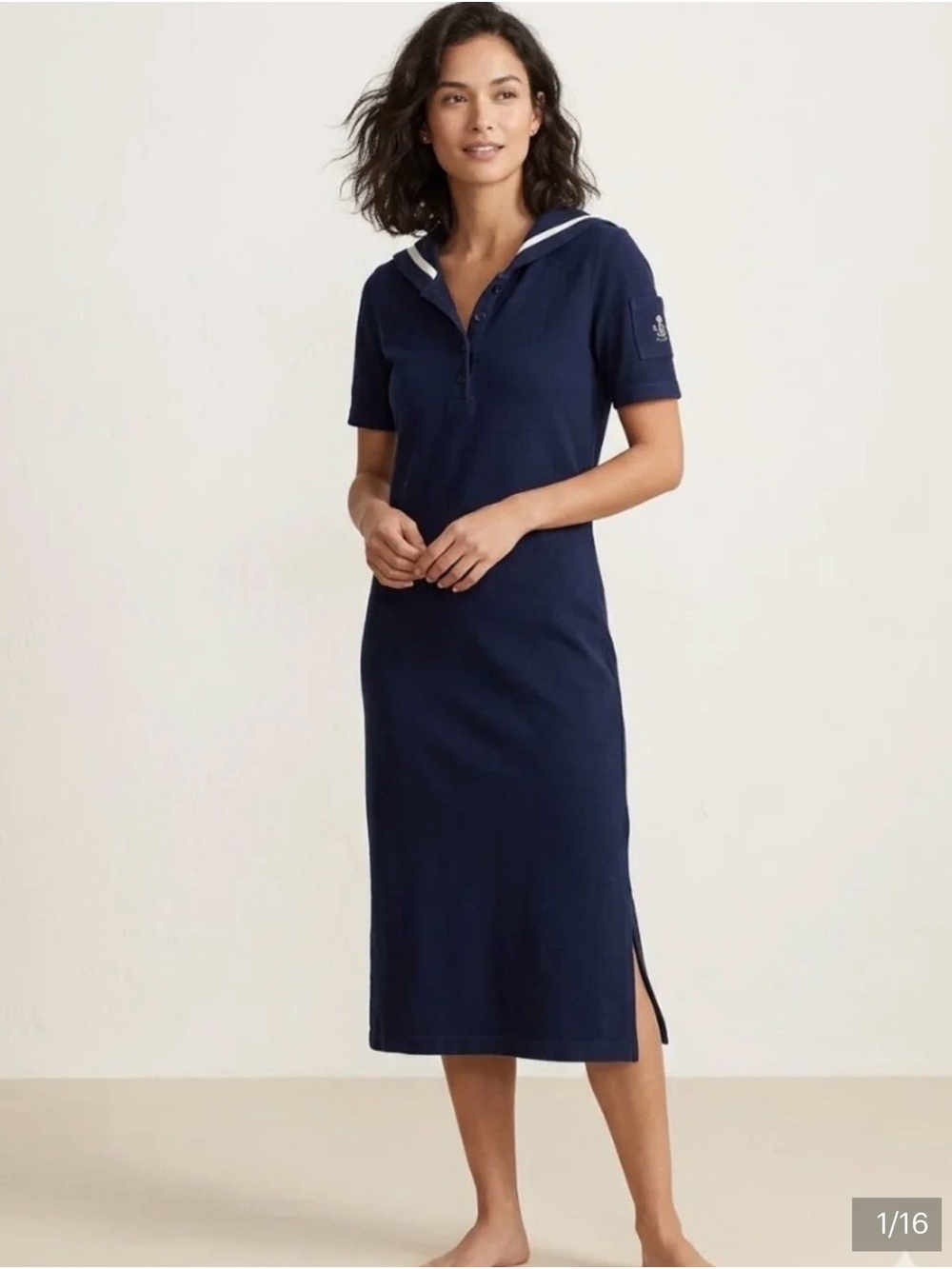 Ralph Lauren Navy Sailor-Collar Polo Midi Dress with White Trim